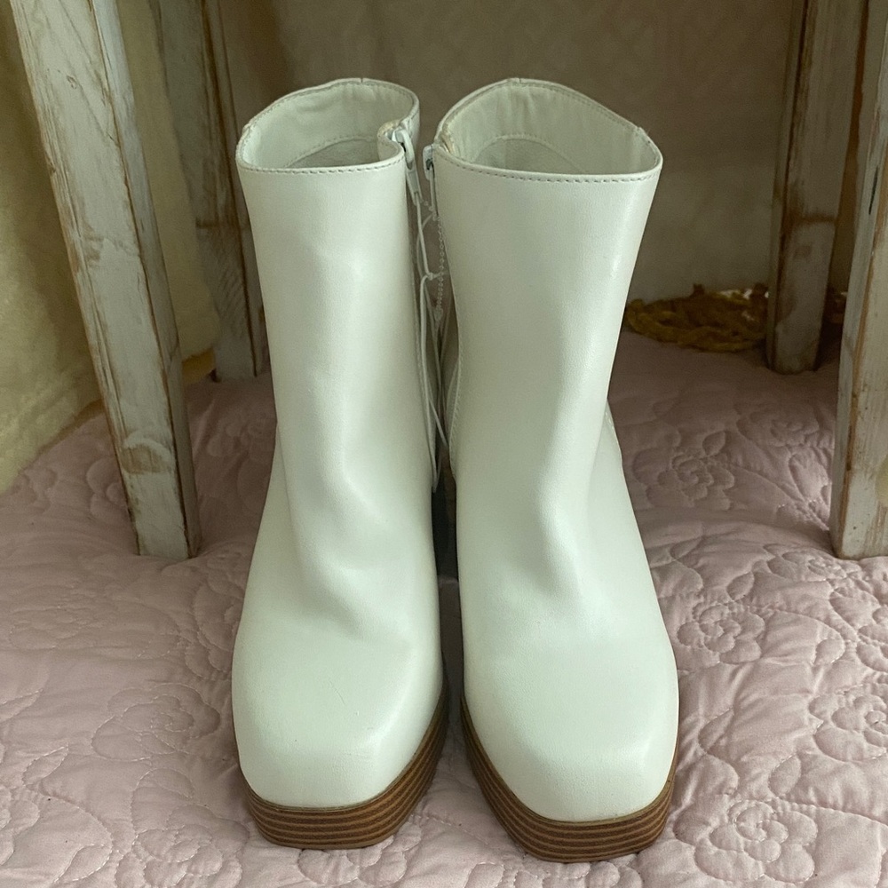 Sugar White Platform Ankle Boots with Brown Stacked Sole